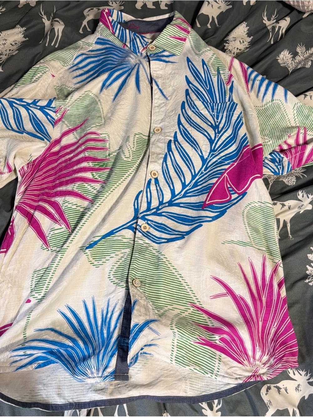 Tommy Bahama Tropical Leaf Print Button-Up Shirt in Blue, Pink & Green